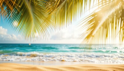 Tropical Dreamscape Azure Ocean Waves Gently Meeting Golden Sandy Beach Under the Shade of Swaying Palm Leaves
