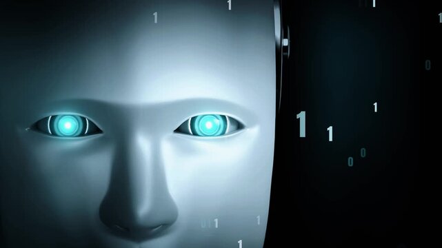 Futuristic robot artificial intelligence huminoid AI programming coding technology development and machine learning concept. Robotic bionic science research for future of human life. 3D rendering.