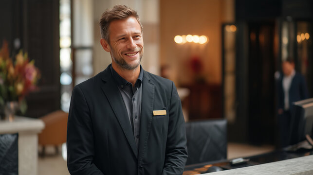 Professional male hotel manager standing confidently behind the reception desk in hotel lobby, warmly greeting guests with a friendly and professional welcome smile. 