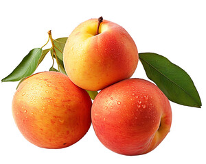 Fresh Peach with Water Droplets and Leaves on a Transparent Background