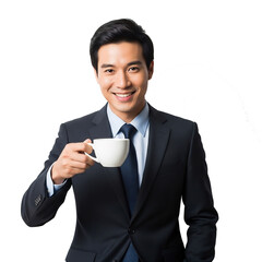 Professional photography in isolated transparent background of confident businessman holding coffee cup, smiling, representing corporate lifestyle, leadership, and morning energy