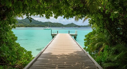 Tropical Wooden Pier through Lush Greenery