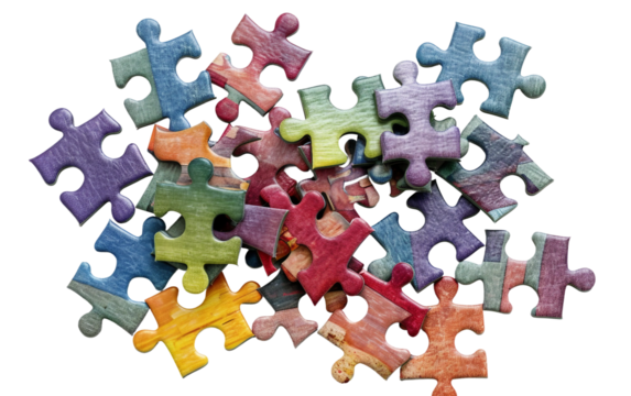 Bright and Colorful Puzzle Pieces Joining to Create a Whole Image Isolated on Transparent Background