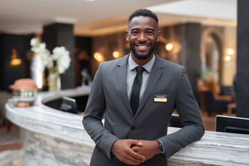 Professional male hotel manager standing confidently behind the reception desk in hotel lobby, warmly greeting guests with a friendly and professional welcome smile. 