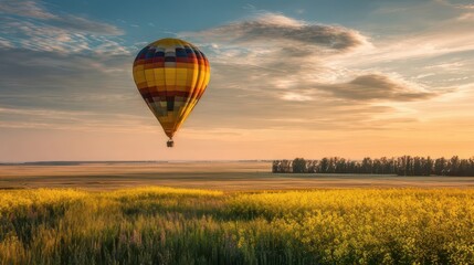 Obraz premium Colorful hot air balloon flying over yellow rapeseed field at sunset