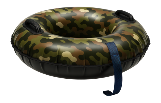 Heavy-duty PVC snow tube with a camo print and sturdy tow strap