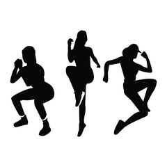 Collection of vector silhouettes of women in various workout poses, perfect for fitness projects, gym branding, sports illustrations, active lifestyle promotions, and wellness designs.
