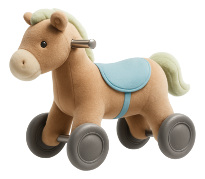 Ride-on pony with plush body and wheels for imaginative indoor adventures