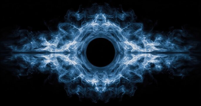 Abstract, symmetrical, swirling, blue smoke-like patterns encircle a black void - Powered by Adobe