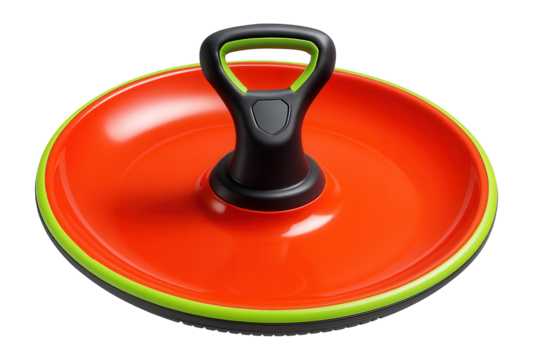 Colorful plastic disc sled with central grip for spinning and sliding on snowy slopes