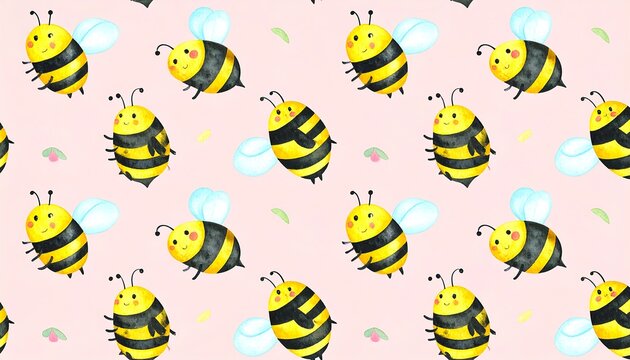 Fototapeta Pink background with repeating pattern of cute cartoon bees and small floral elements