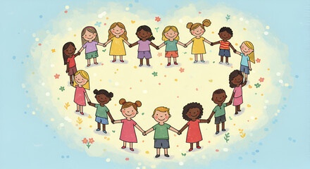 Multicultural children holding hands forming a heart, promoting diversity and unity