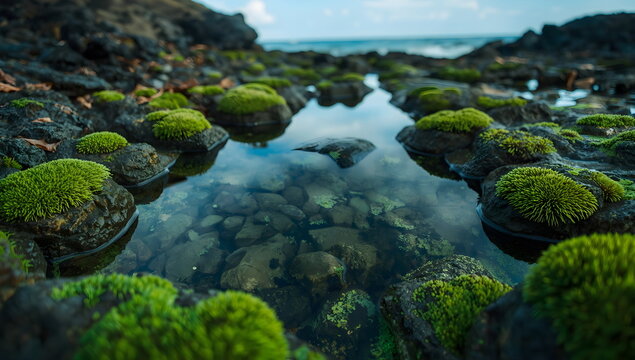 Serene tidal pool with green moss and rocky shoreline