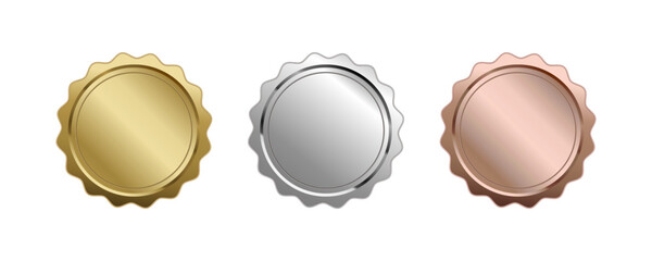 Gold, silver and bronze medals set vector illustration. 3D realistic award seals or emblems isolated on white background.