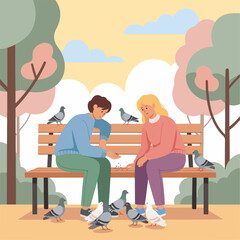 A couple sits on a park bench, feeding pigeons with kindness and joy.