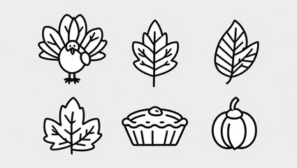 Thanksgiving icons turkey leaves pie and pumpkin simple line art autumn fall