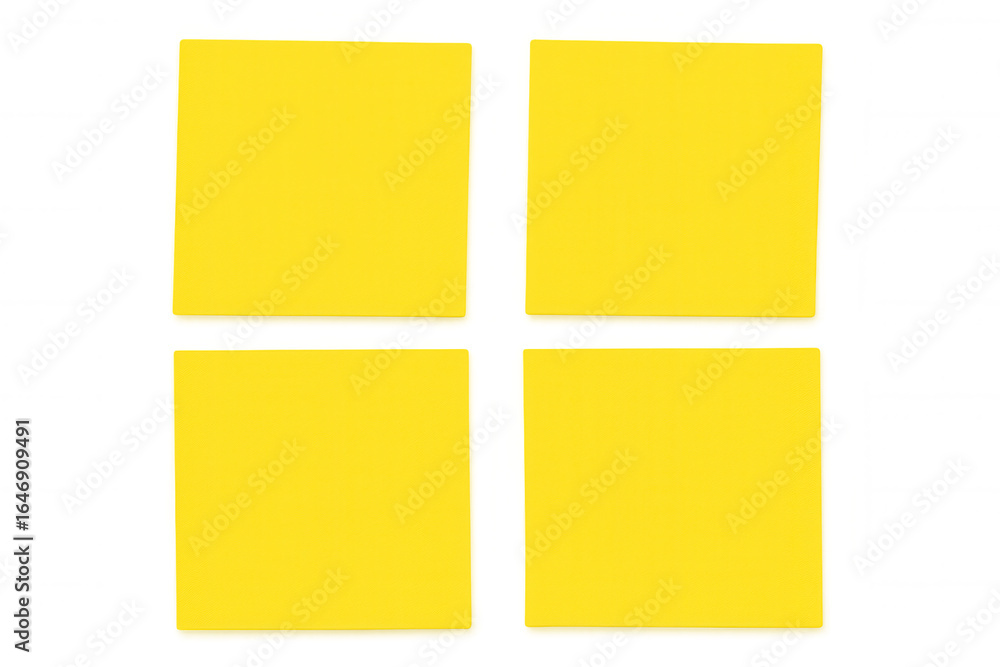 Poster yellow sticky notes positioned in square formation, transparent backdrop highlighting minimal commun