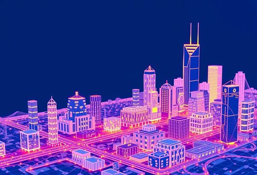 Abstract low-poly wireframe smart city model on a blue background  Futuristic urban landscape illustration,  background,   concept