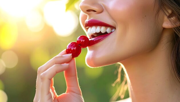 Woman eating cherries outdoors with summer. - Powered by Adobe