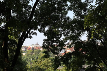 Scenic view of a historic town surrounded by lush greenery on a sunny afternoon