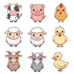 Obraz premium Lovely Kawaii Farm Animal Vector Set