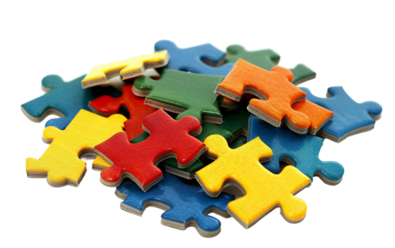 Symbolic Scene of Jigsaw Puzzle Pieces Uniting in Bright Colors Isolated on Transparent Background