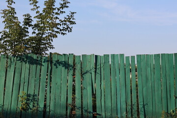 Green wooden fence with gaps revealing blue sky in rural area during sunny daytime