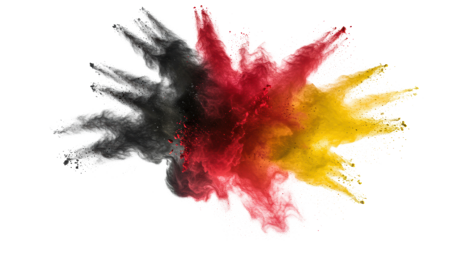 A dynamic explosion of fine black, vibrant red, and bright yellow powder, frozen mid-air with sharp individual particles against a transparent studio void, copy space. Concept of disruptive