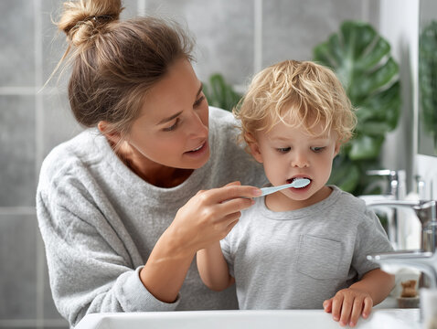 Mother and son brushing teeth in bathroom. Little boy with toothbrush - Powered by Adobe