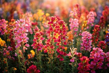Vibrant field of colorful flowers in various shades of pink, red, and orange, bathed in warm sunlight