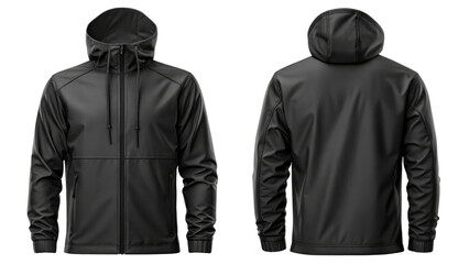 Black Hooded Raincoat, Front and Back View on Transparent Background