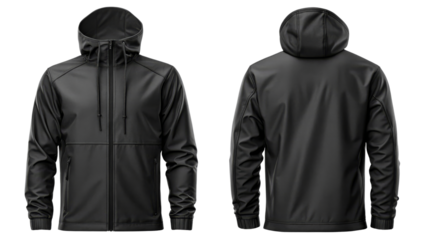 Black Hooded Raincoat, Front and Back View on Transparent Background