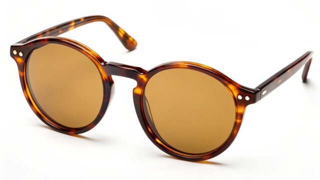 Brown Tortoise Shell Round Sunglasses with Amber Lenses isolated on White Background