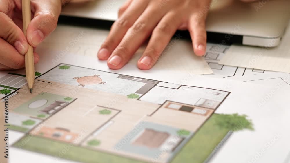 Poster professional engineer team discussion about house design on meeting table with architectural equipme