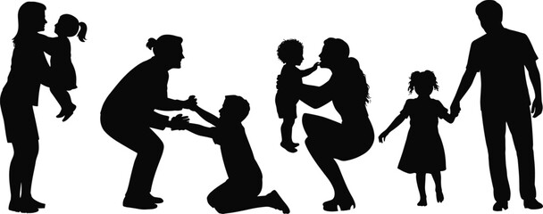 Silhouette of Parents and Children in Loving Family Moments, Holding Hands, Lifting, and Interacting with Kids, Parent-Child Bonding Concept