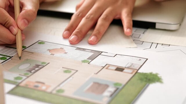 Professional engineer team discussion about house design on meeting table with architectural equipment and building blueprint scatter around at modern office. Focus on hand. Closeup. Delineation.