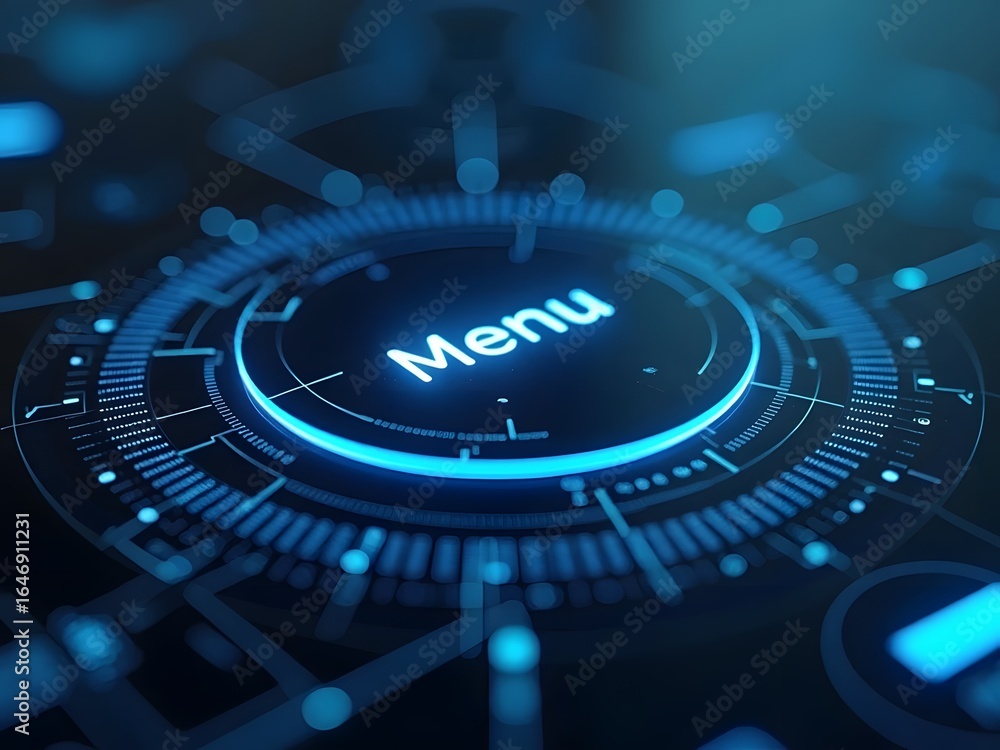 Poster a futuristic design featuring a glowing blue circular menu button and technological elements creates
