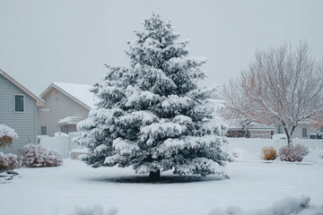 Naklejka premium Snowy Evergreen Tree in a Residential Yard winter spruce