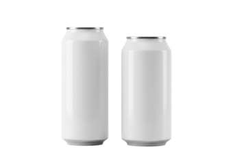 Two blank, pristine, white aluminum beverage cans (500ml, 330ml) with silver tops, isolated on a transparent studio background, ample copy space. Concept for product branding