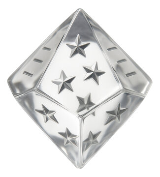 Clear acrylic d10 percentile die with floating star inclusions and white numerals for special events
