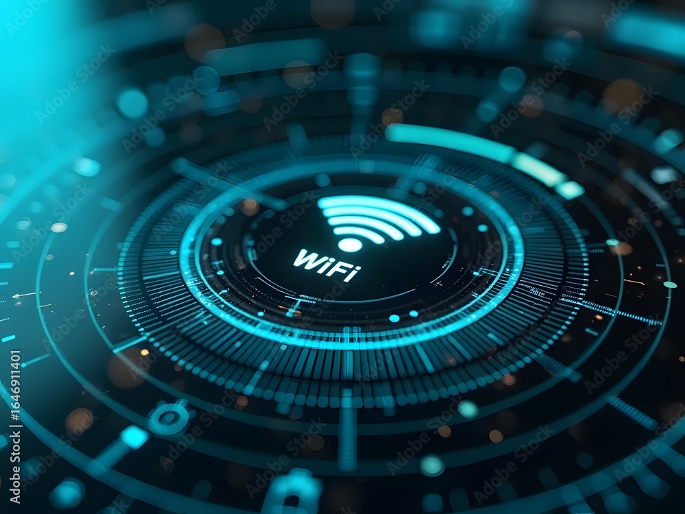 Poster abstract wifi signal concept with glowing turquoise elements and concentric circles, horizontal comp