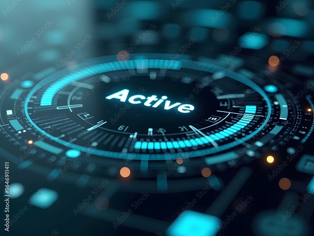 Poster futuristic digital interface glows with vibrant turquoise accents, horizontal composition. the centr