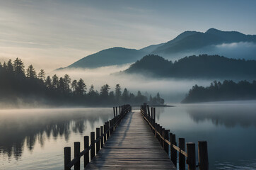 Misty lake pier with mountain reflection at sunrise