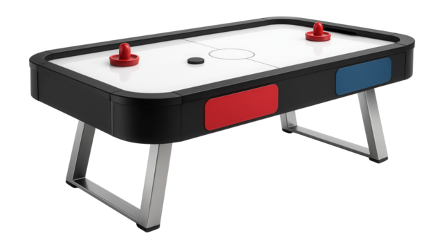 Customizable air hockey table with interchangeable team-themed decals and accessories