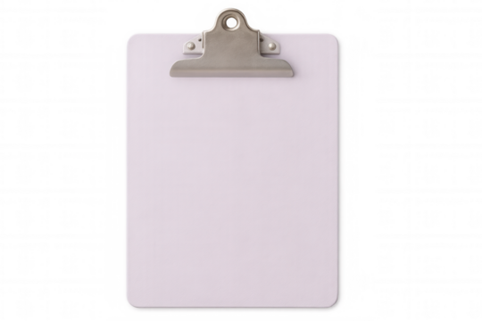 Clipboard gripping empty white paper, transparent backdrop highlighting clean, minimalist workspace design