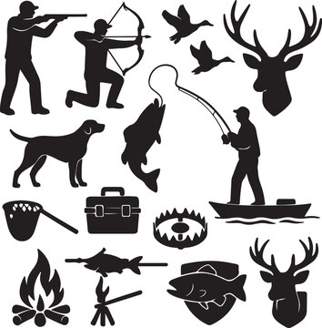 Set of Hunting and Fishing Silhouettes Hunters, Rifles, Deer, Fish, Rods & Outdoor Gear Vector Clipart
