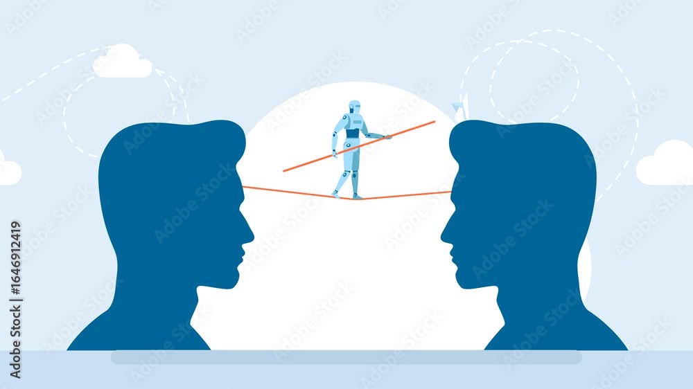 Poster two men try to understand each other's train of thought. robot tightrope walker walks with stick bet