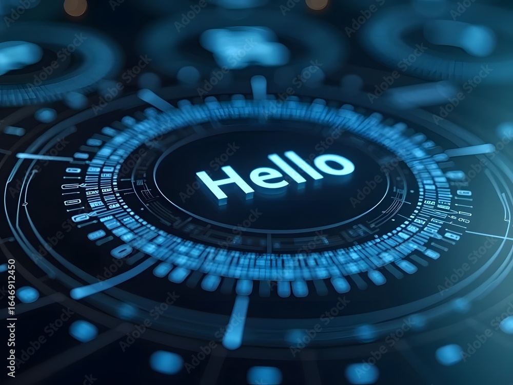 Poster futuristic blue glowing interface displays the word hello, horizontal composition. this captivating 