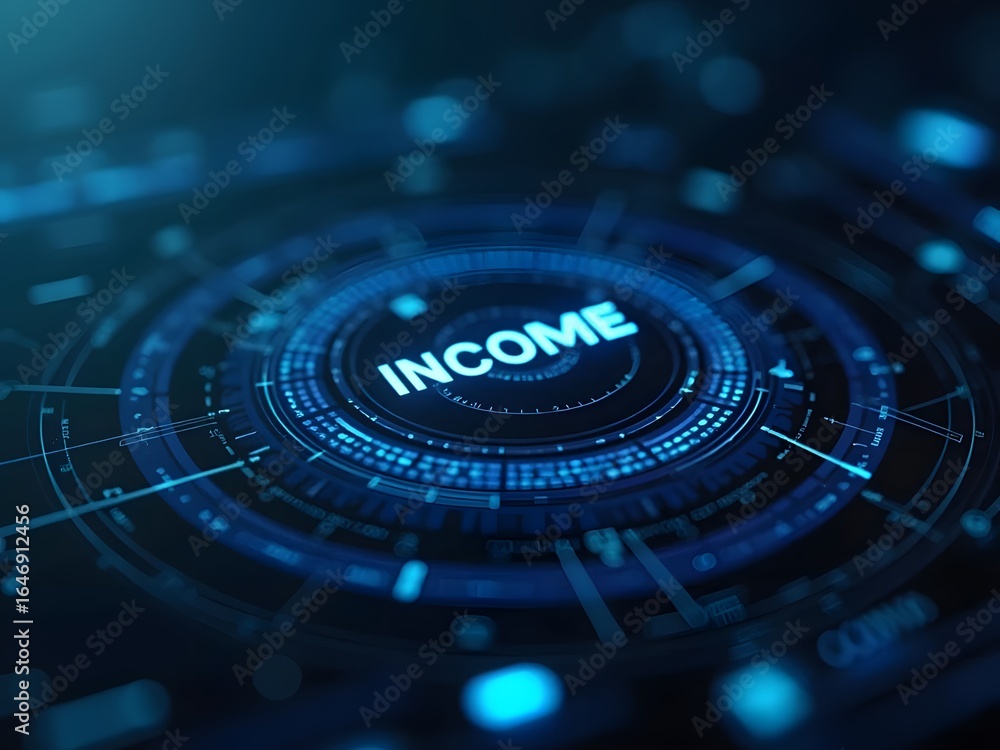 Poster a futuristic blue technological interface displays the word income in a central circular design, cre