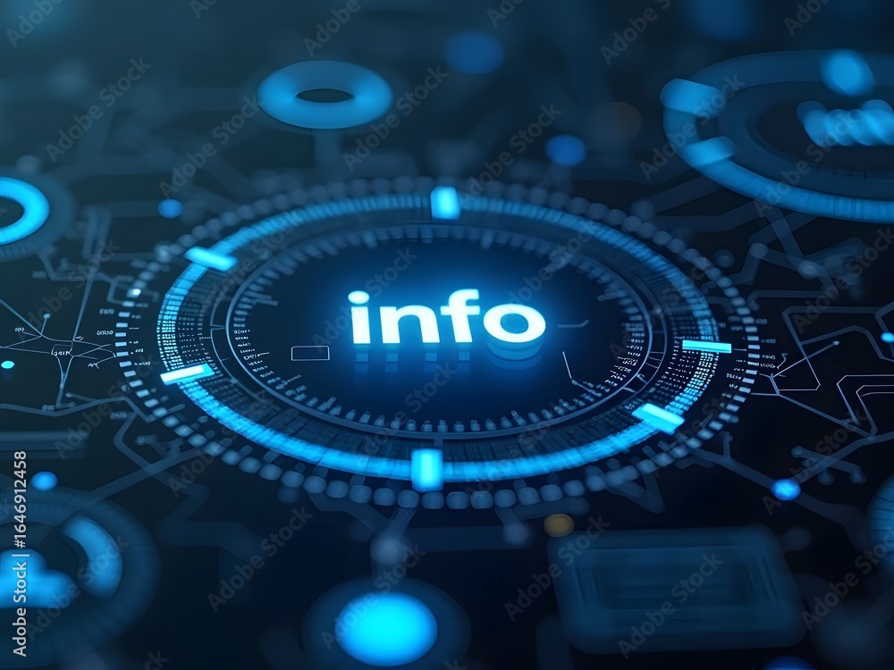 Poster abstract glowing blue info graphic displays data streams, horizontal composition. its futuristic des